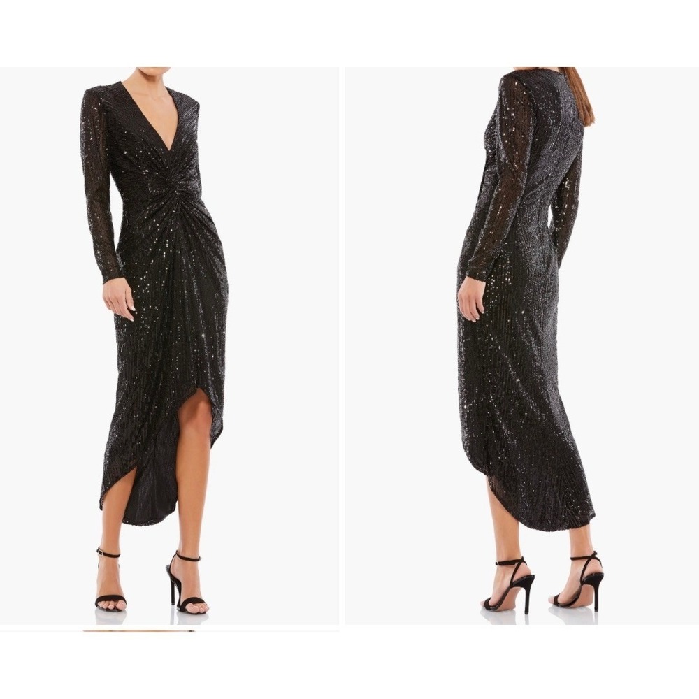 Ieena For Mac Duggal NEW Sequin Knotted Holiday Midi Dress Black Sz 10 MSRP $298